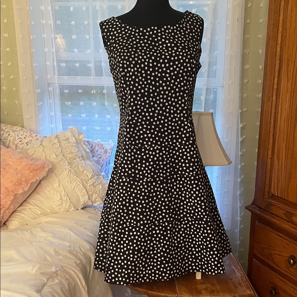 Perceptions Elegant Black and White Polka Dot Midi Dress